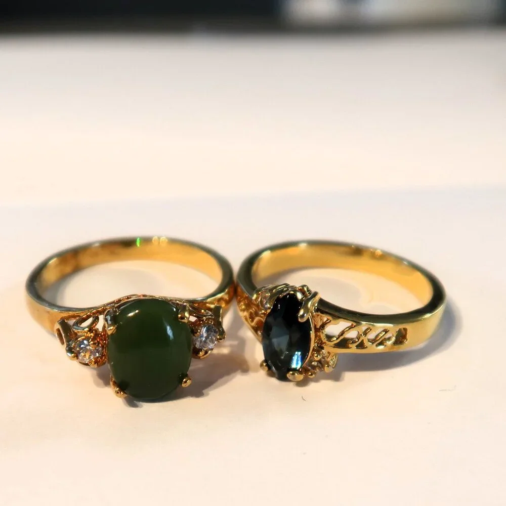 Two Rings Gold Tone Goth Style Blue and Green Stones Size 10 and Size 8.75 - Picture 2 of 7